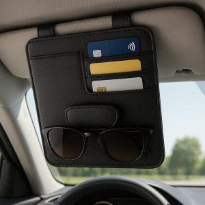 Magnetic Car Sun Visor Organizer with Sunglasses Holder and Card Slots for Small Essentials Access in Modern Vehicle Cabin