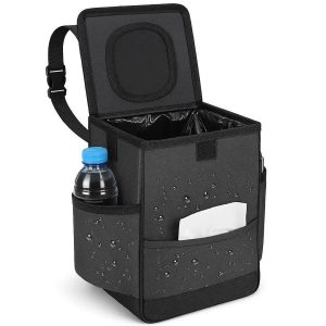Waterproof Car Trash Can with Lid and Side Storage Pockets Leakproof Hanging Garbage Bin for Backseat and Center Console