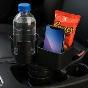 Expandable Car Cup Holder Expander with Storage Box and Adjustable Base for Large Bottles and Extra Snacks or Phone