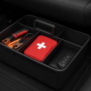 Portable Under Seat Car Storage Box with Handle and Divided Compartments for Emergency Tools First Aid Kit and Valuables