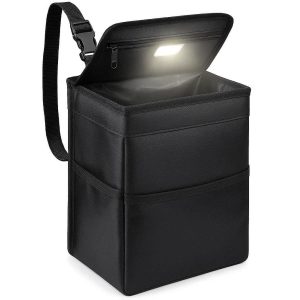 Portable Car Trash Bag with Folding Design and Built In LED Light for Night Use Waterproof Hanging Garbage Bin Black