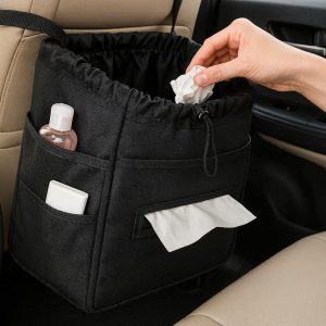 Large Capacity Car Garbage Pouch with Drawstring Closure and Storage Pockets for Tissues and Small Essentials for Family Travel