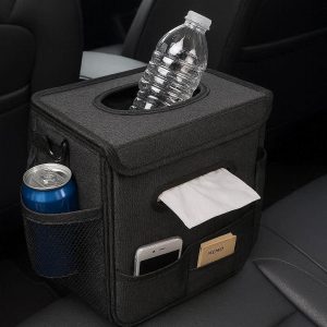 Multi Functional Car Trash Bin with Tissue Box Holder and Dual Side Pockets for Complete Cabin Organization and Waste Control