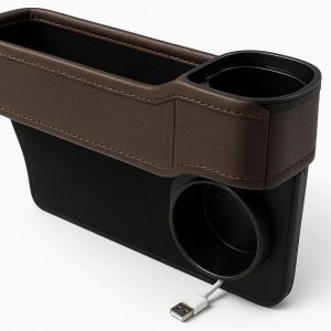 Premium Leather Car Seat Gap Filler Organizer with Cup Holder and Charging Cable Hole for Universal Vehicle Interior Storage